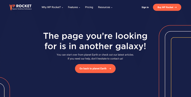 Contoh “Halaman Kesalahan 404 Tidak Ditemukan” khusus untuk membuat pengguna tetap terlibat - Sumber: WP Rocket