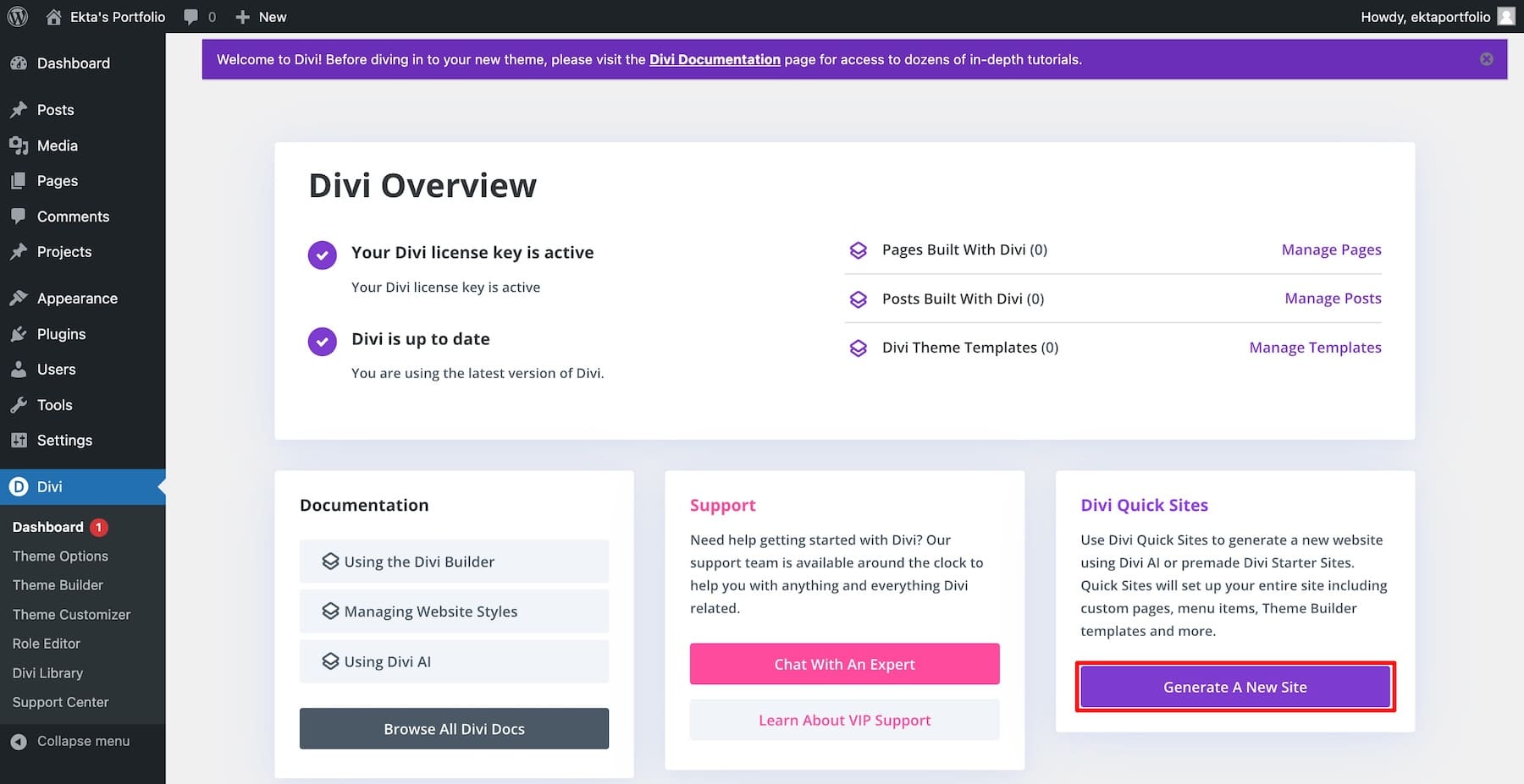 generar un nuevo sitio usando divi sitios rápidos