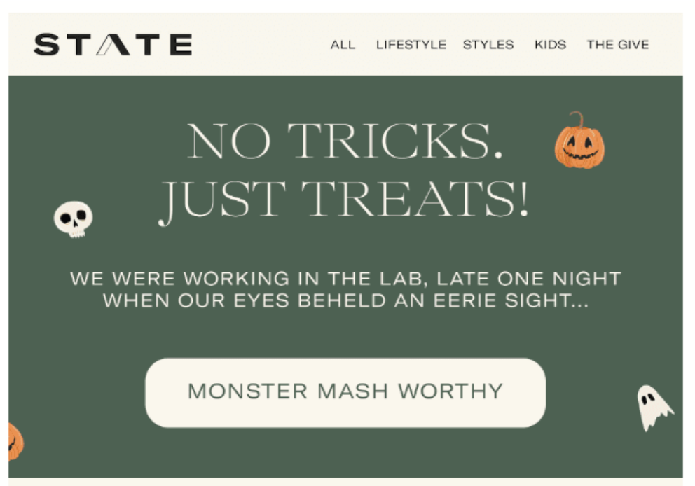 Page Web de l'État avec une section de héros sur le thème d'Halloween, comprenant des fantômes et des citrouilles-lanternes. Copie saisonnière au format standard d'appel à l'action.