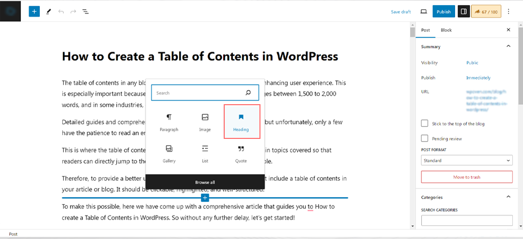 WordPress 4 で目次を作成する方法 Heading option ins Block Editor