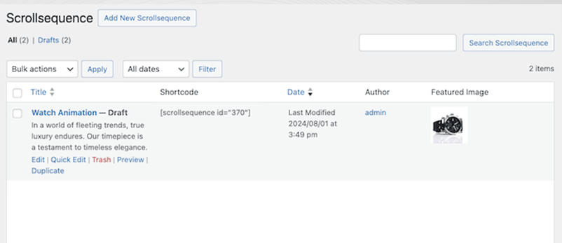 จะเพิ่มภาพเคลื่อนไหวแบบเลื่อนในเว็บไซต์ WordPress ได้อย่างไร 6 Drafted sequence and its Shortcode