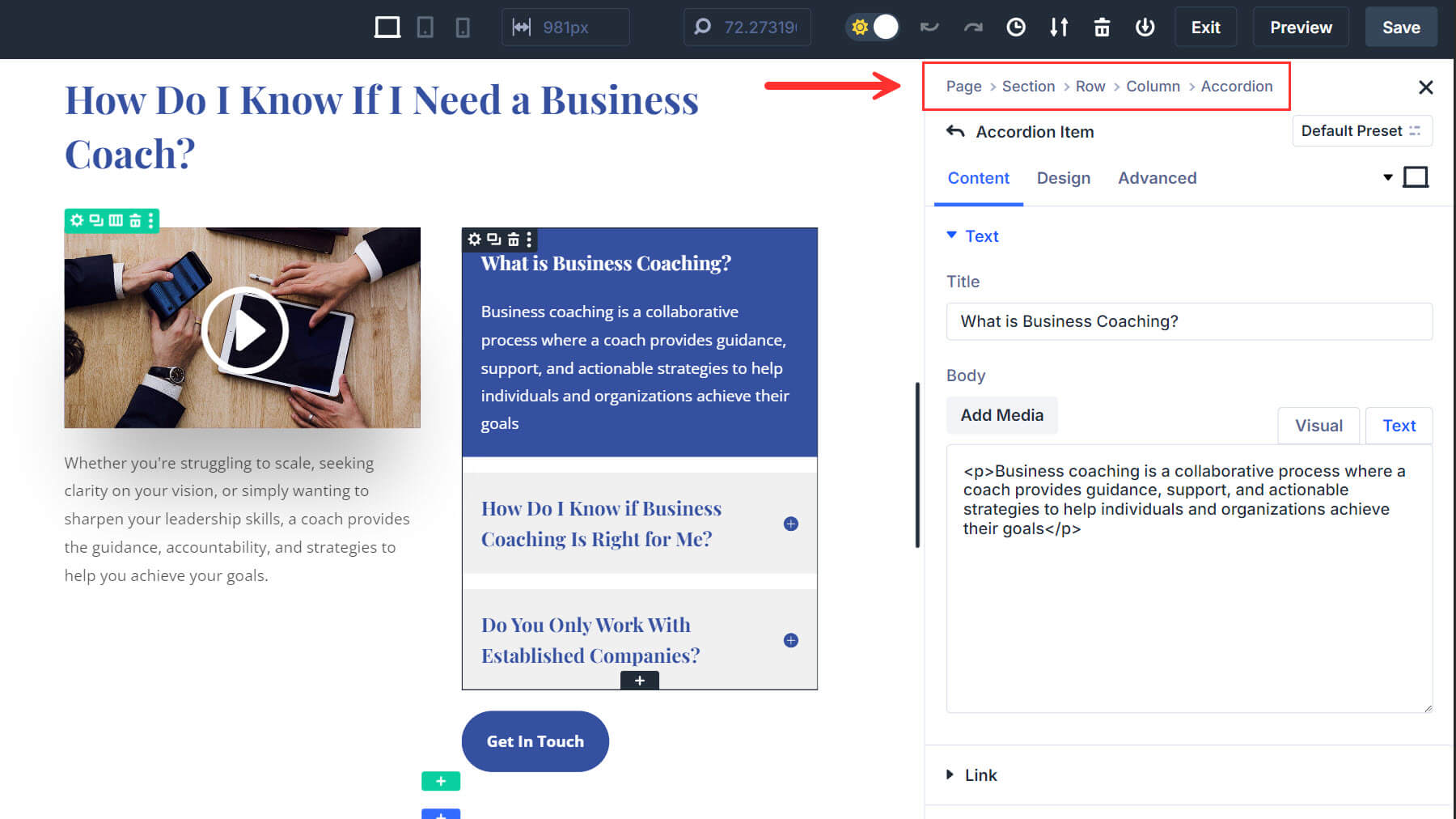 Navigazione breadcrumb di Divi 5 nel pannello Impostazioni