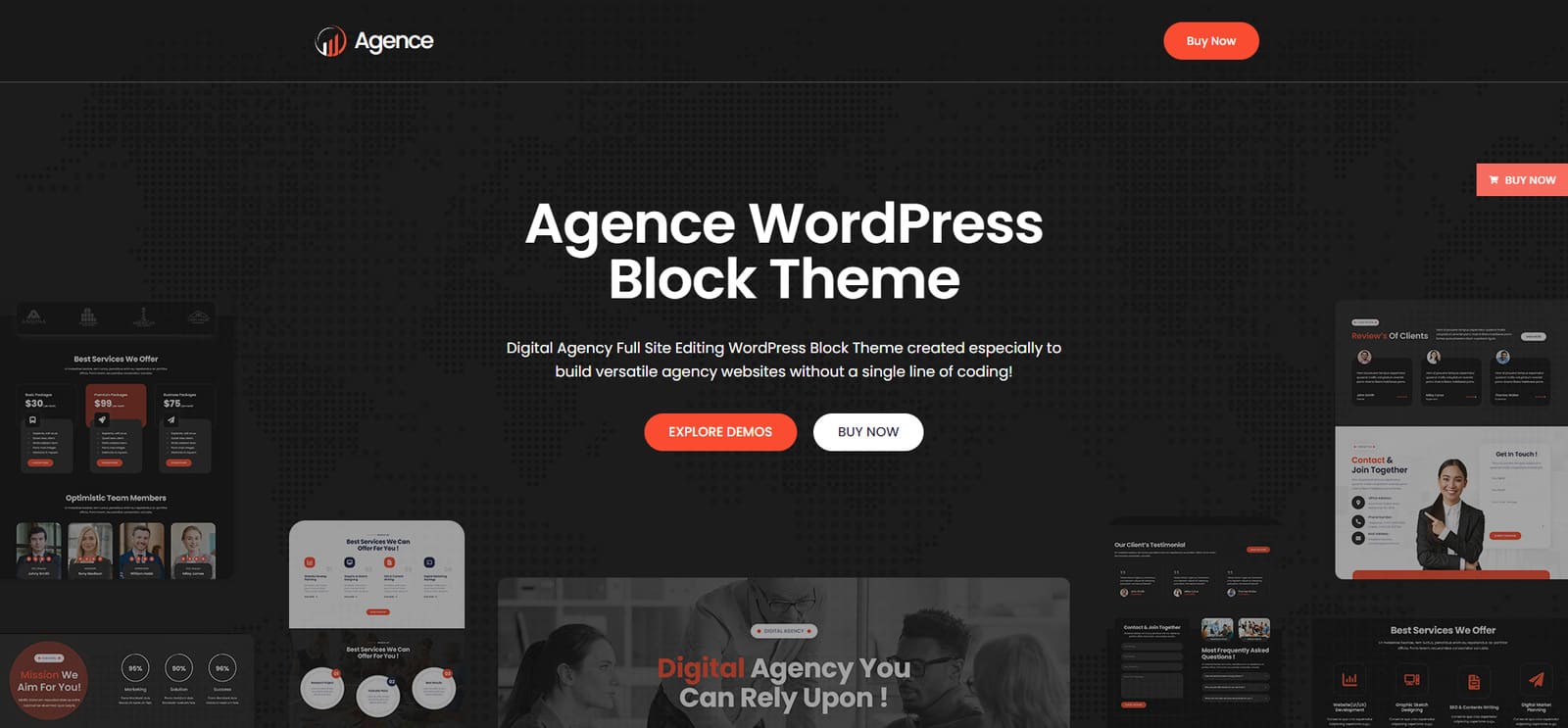 Visual of Agence, una dintre cele mai bune teme FSE pentru afaceri cu un plugin WooCommerce integrat.