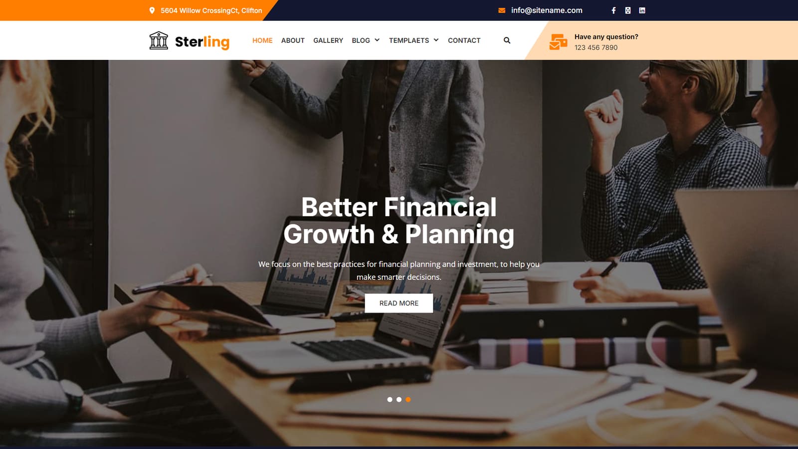 Imagine cu Sterling FSE, una dintre cele mai bune teme FSE pentru afaceri, cu o secțiune de glisare a paginii de pornire cu lățime completă.