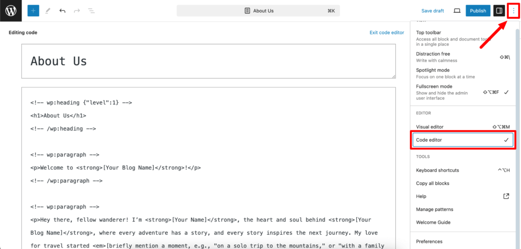 Esta imagem mostra o Editor de Código do WordPress