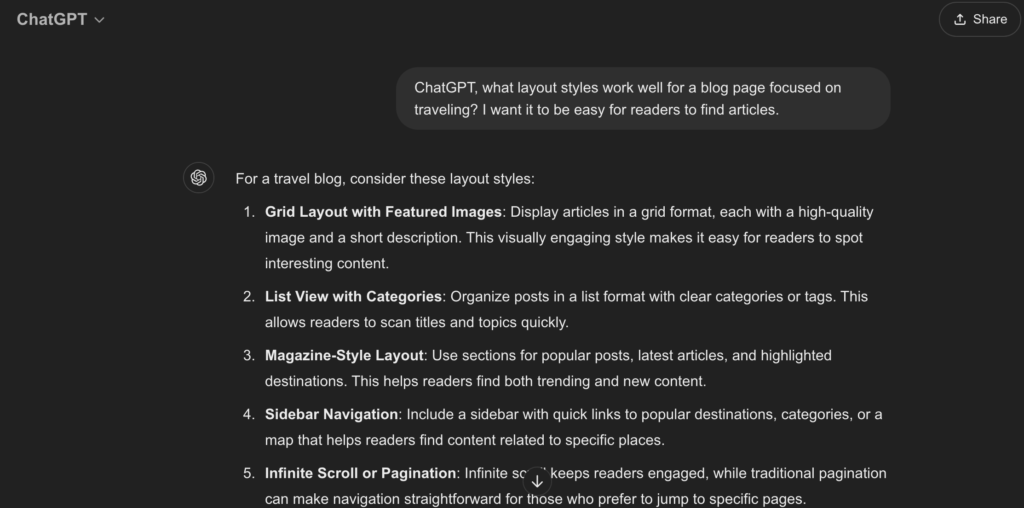 Estas são as sugestões geradas pelo chatgpt para a escolha de um layout para um site de blog de viagens