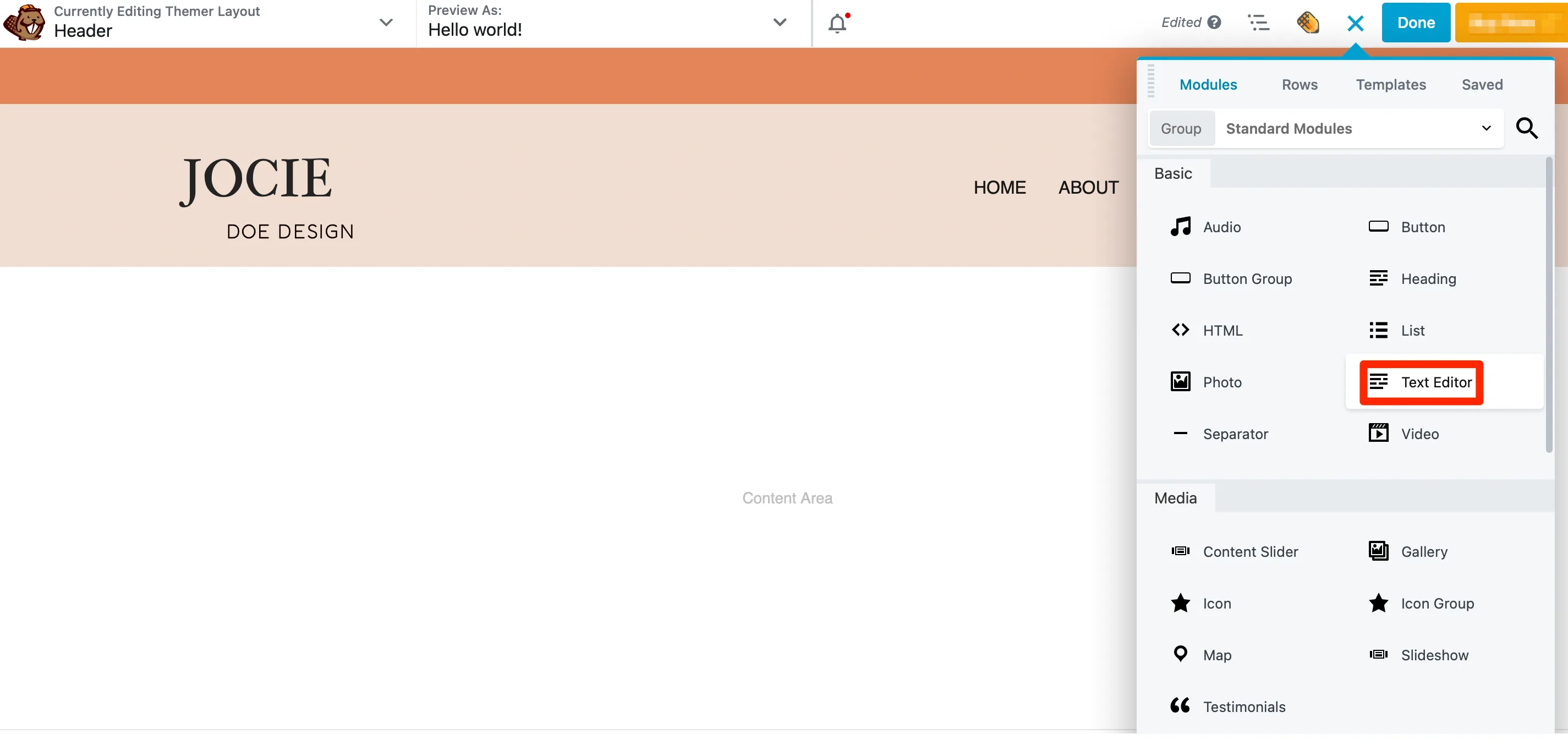 إنشاء رؤوس وتذييلات باستخدام موضوع القندس؛ استخدام وحدة محرر النصوص Beaver Builder