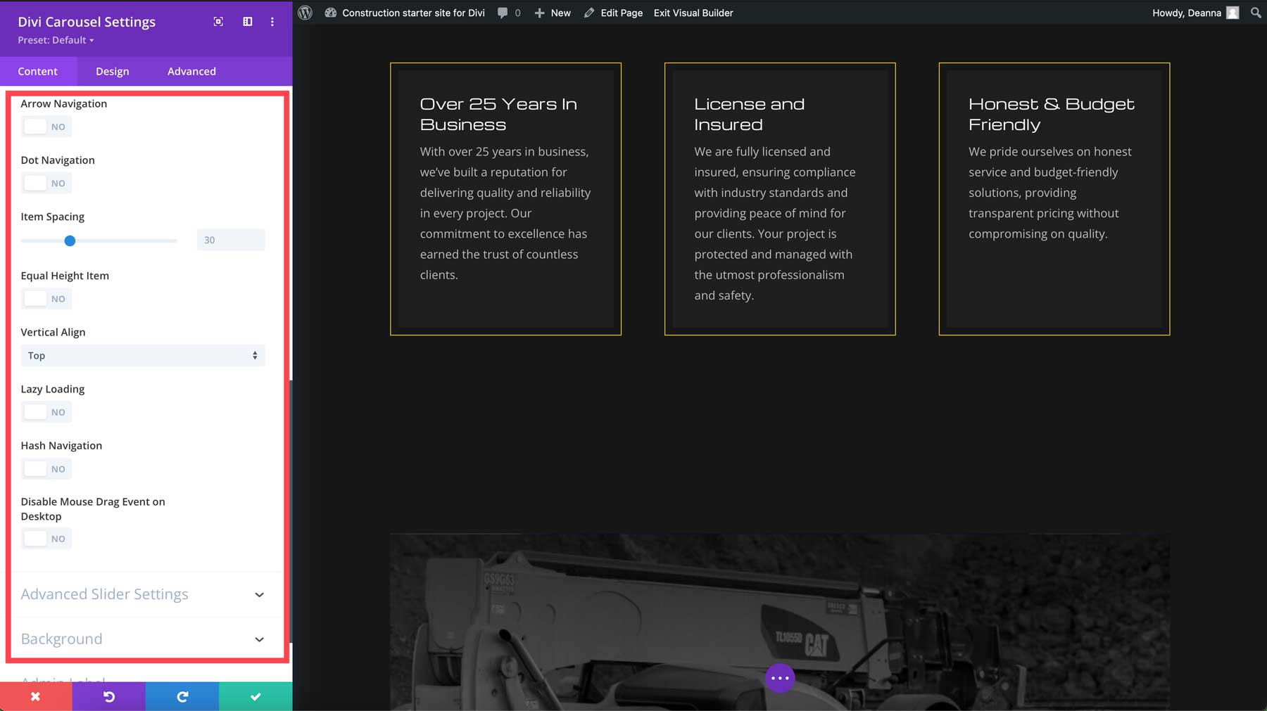 Configuración de contenido del módulo Divi Carousel 2.0