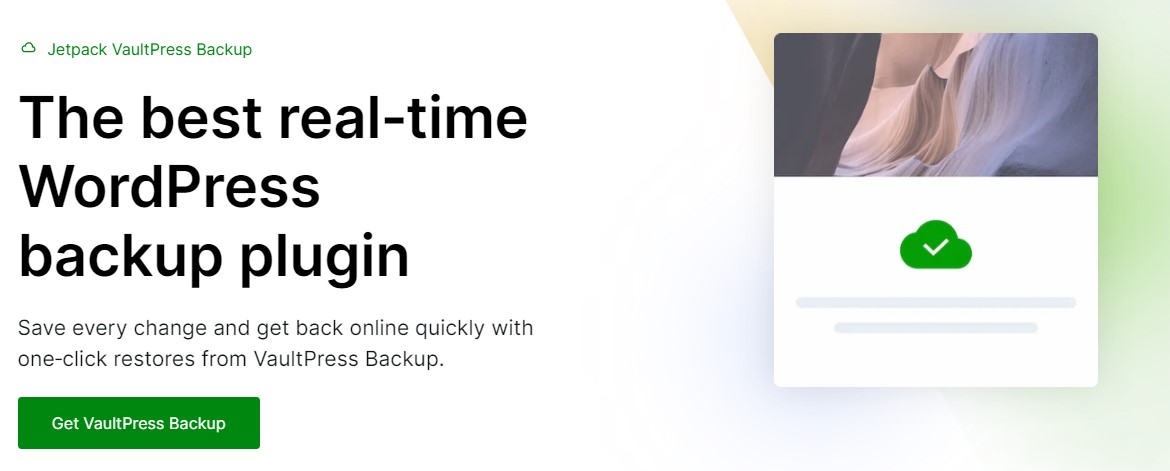 Eroe della pagina web del plug-in Jetpack VaultPress Backup con titolo, paragrafo e pagina "Ottieni backup Vaultpress".