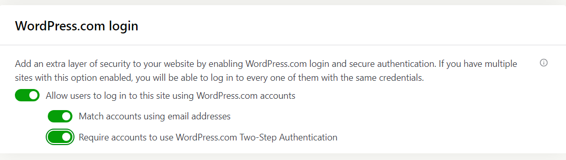 Jetpack 插件中的 WordPress.com 登录选项已打开所有选项。