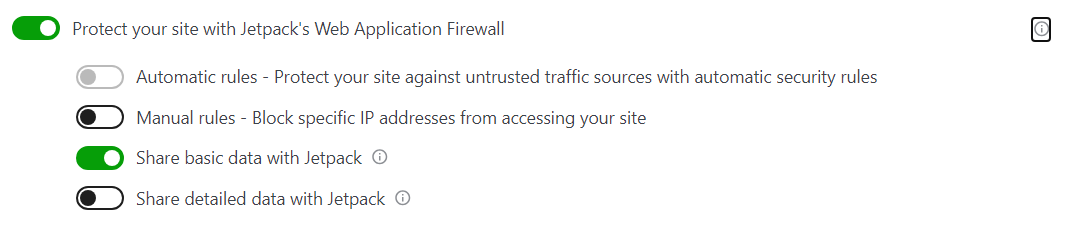 启用 Jetpack Web 应用程序防火墙的 Jetpack 插件设置(并选择“与 Jetpack 共享基本数据”选项)