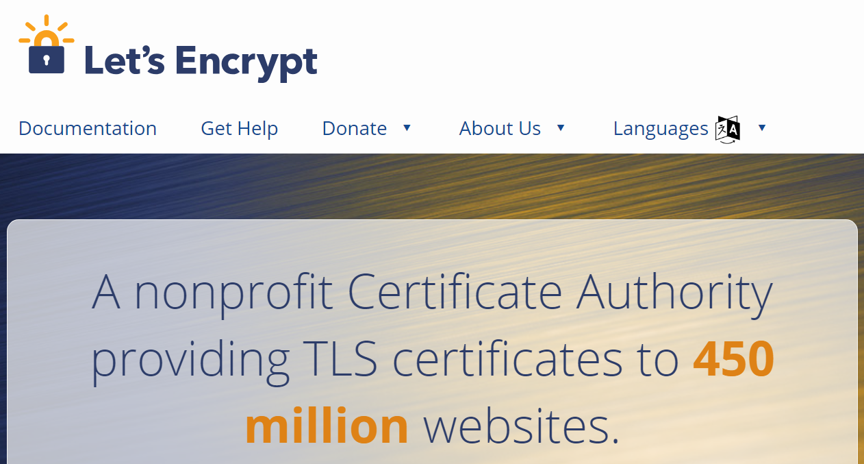 Let's Encrypt 网页英雄的导航和标题为“向 4.5 亿个网站提供 TLS 证书的非营利证书颁发机构”。