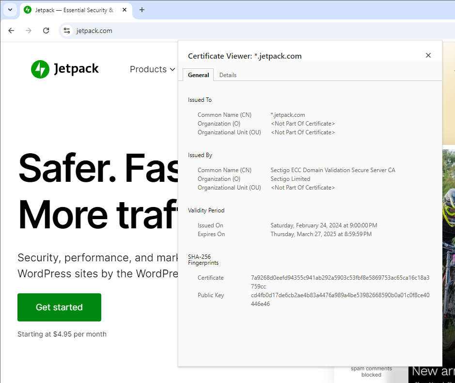 位于 Jetpack.com 的网页,其中包含安全选项视图和展开的 SSL 证书详细信息。