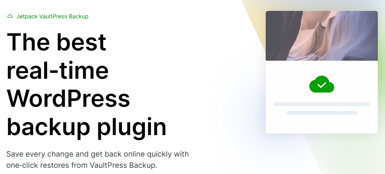 Jetpack VaultPress 备份网页,右侧带有标题、段落和图像/图标图块元素。
