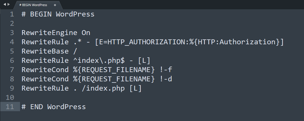 已设置 WordPress 规则的 .htaccess 文件的屏幕截图。