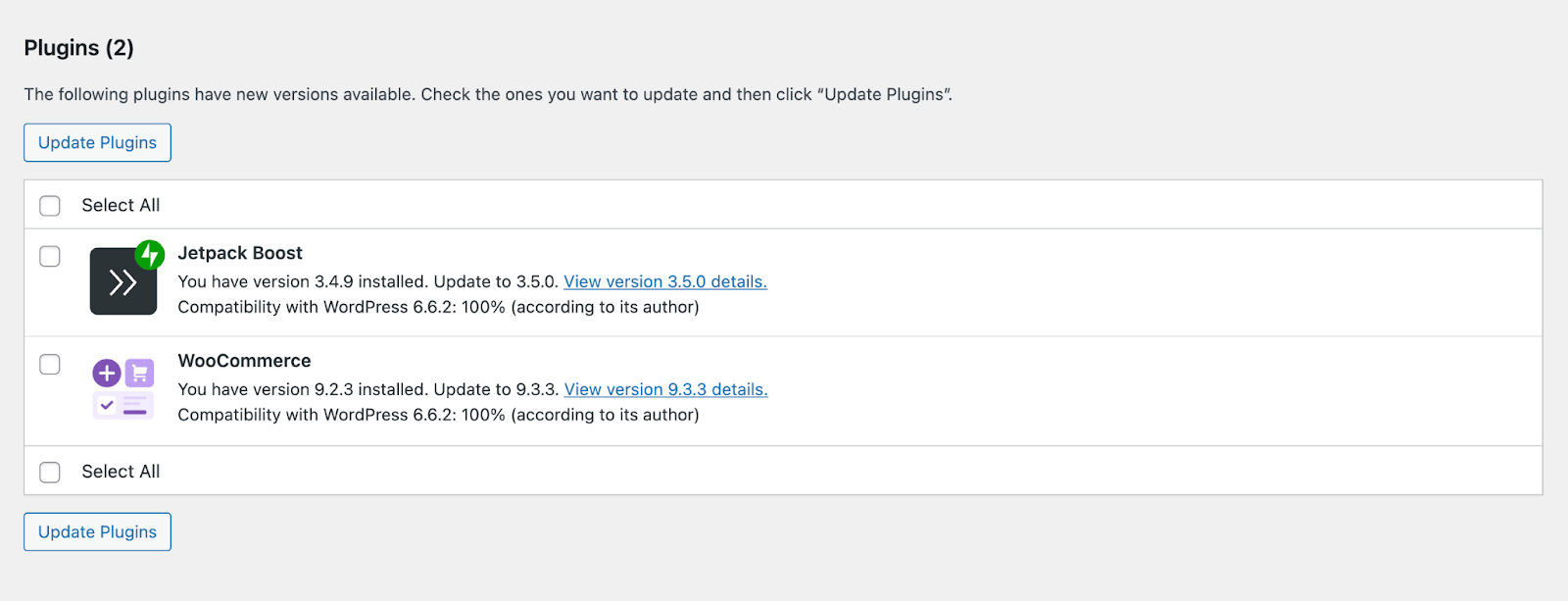 WordPress 仪表板更新页面显示 Jetpack Boost 和 WooCommerce 插件的可用更新。