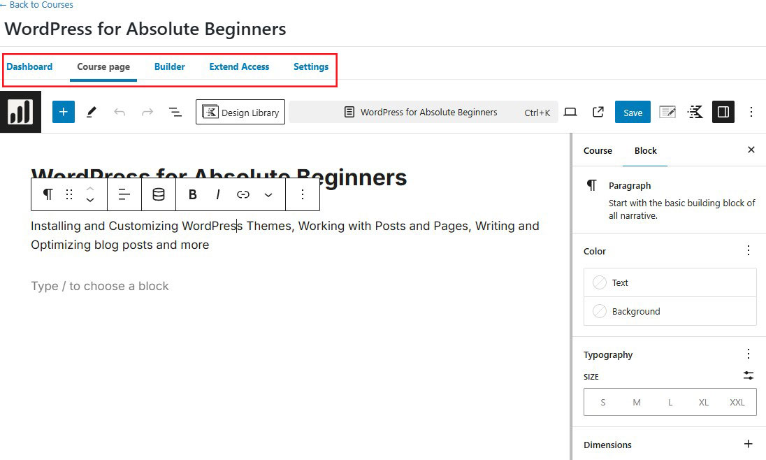 ตัวเลือกตัวสร้างหลักสูตร LearnDash บน Block Editor