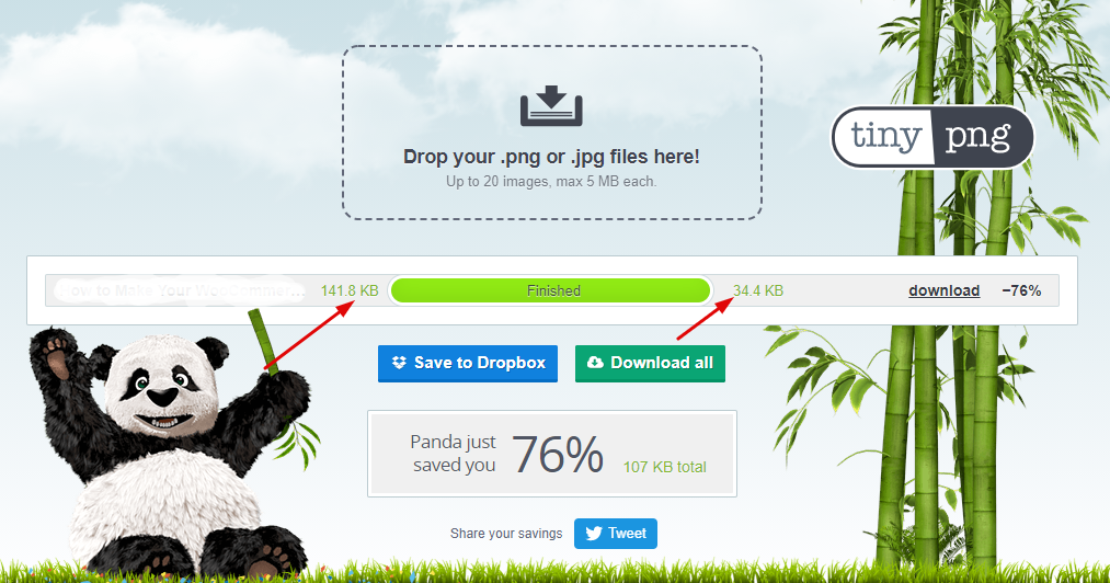 นี่คือภาพหน้าจอของ TinyPNG เพื่อปรับภาพให้เหมาะสมสำหรับมือถือ
