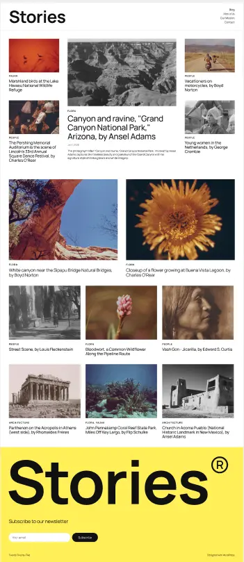 لقطة شاشة لموقع ويب يستخدم سمة Twenty Twenty Five بعنوان "Stories"، والتي تتميز بتخطيط شبكي للصور والتسميات التوضيحية. تمثل كل صورة قصة أو مقالة مختلفة، مع تسميات توضيحية توضح العنوان والموضوع والمصور أو الفنان. تغطي القصص موضوعات مختلفة، بما في ذلك الطبيعة والثقافة والهندسة المعمارية، مع صور بارزة مثل زهرة قريبة ومناظر طبيعية للوادي وصور شخصية. تحتوي الصفحة على تصميم بسيط بخلفية بيضاء ونص أسود. في الجزء السفلي، يوجد قسم أصفر ساطع بعنوان "القصص" يتضمن نموذج الاشتراك في النشرة الإخبارية مع زر "الاشتراك".