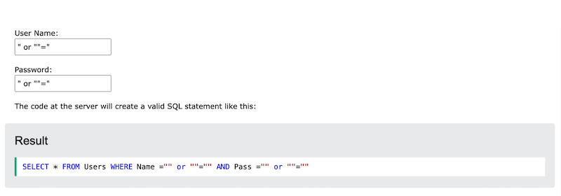 用于泄露凭据的 SQL 注入示例 - 来源:W3code
