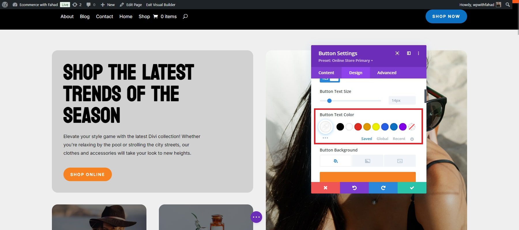 kolor tekstu przycisku e-commerce divi