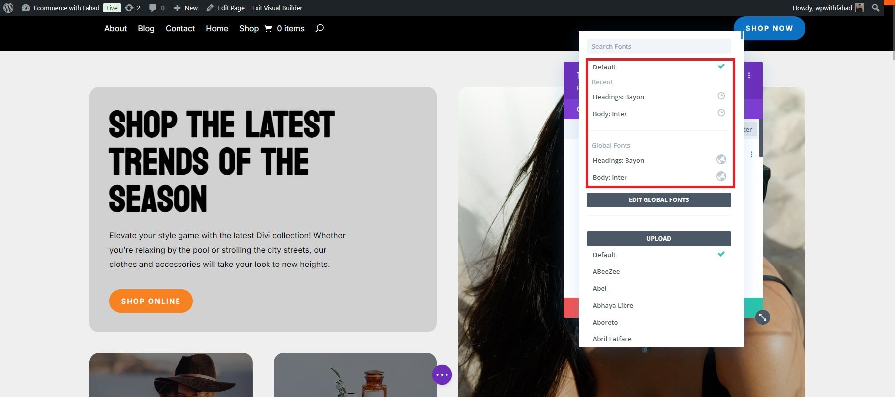globalne czcionki e-commerce Divi
