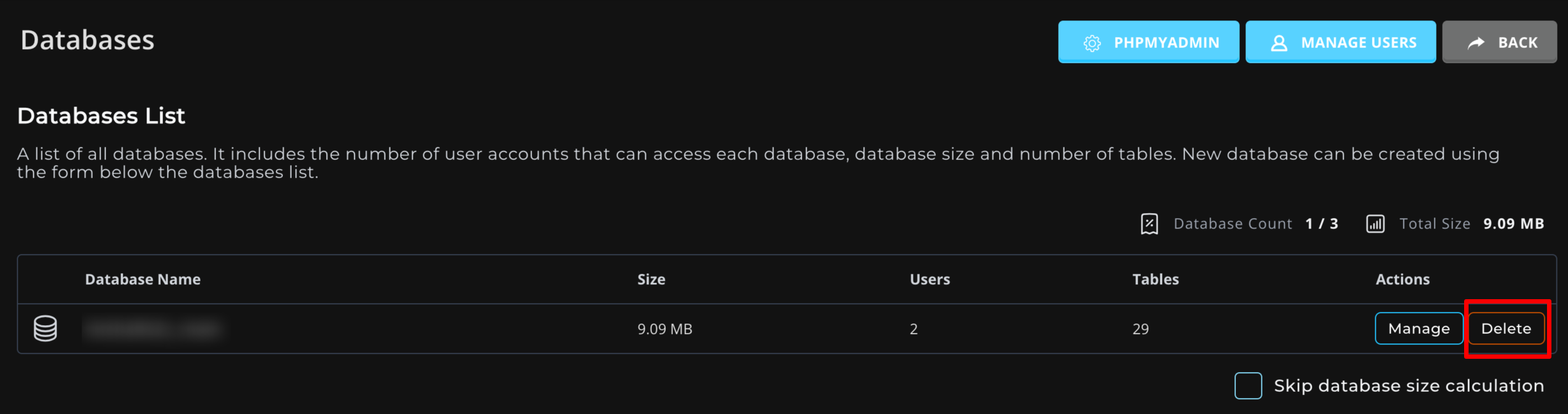 Pulsante Elimina di un database