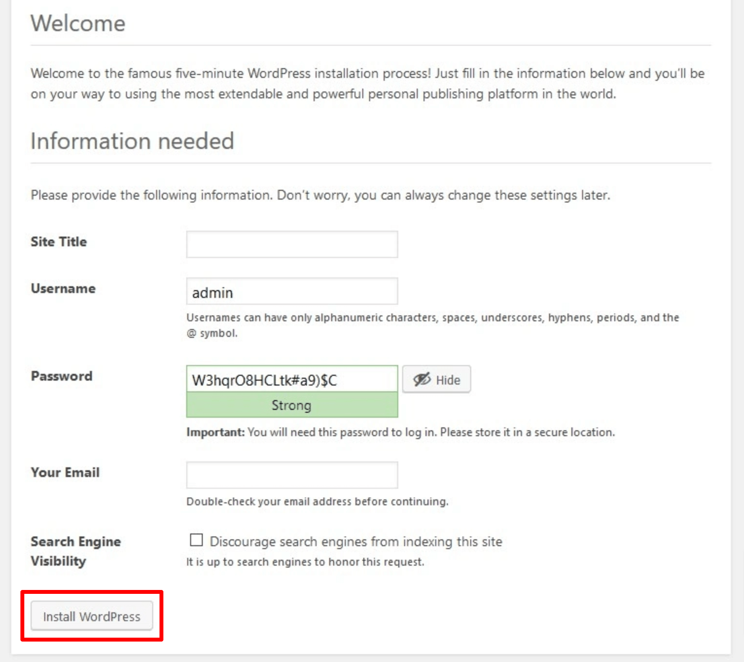 Questa immagine mostra lo script di installazione di WordPress