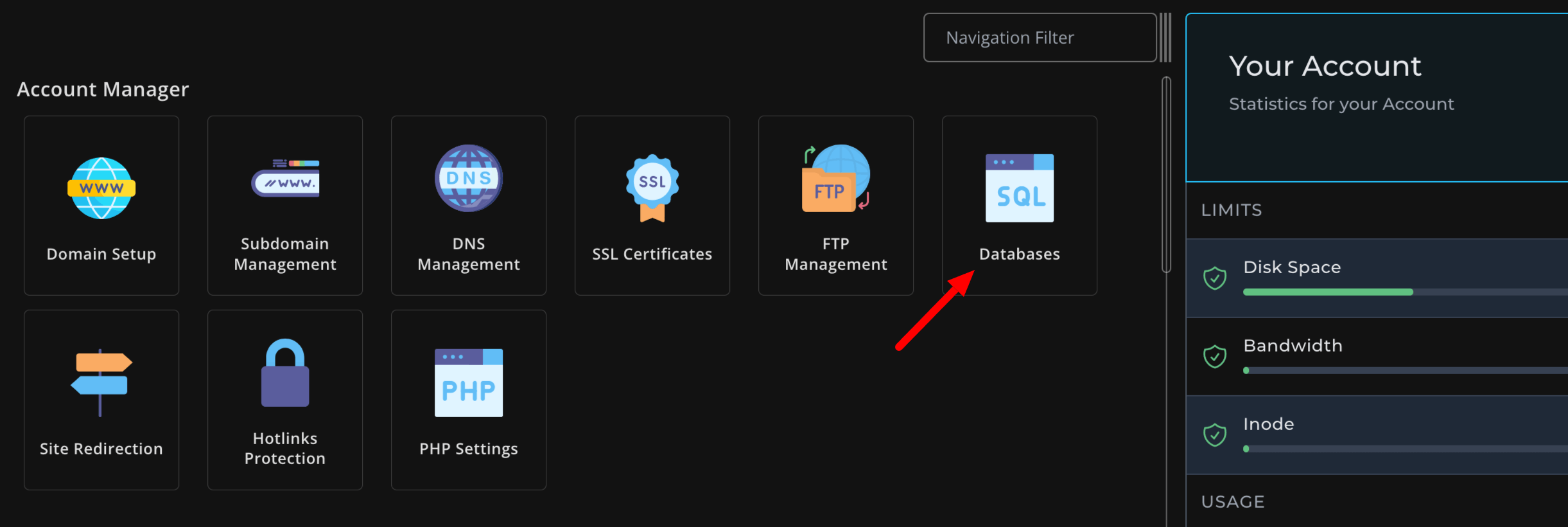 Questa immagine mostra i database in un cPanel