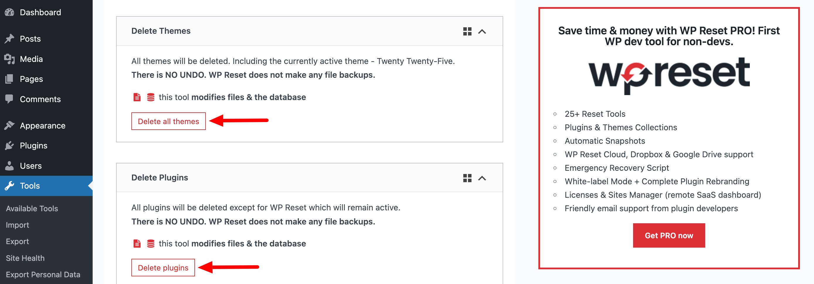 Questa immagine mostra come eliminare completamente tutti i temi e i plugin.