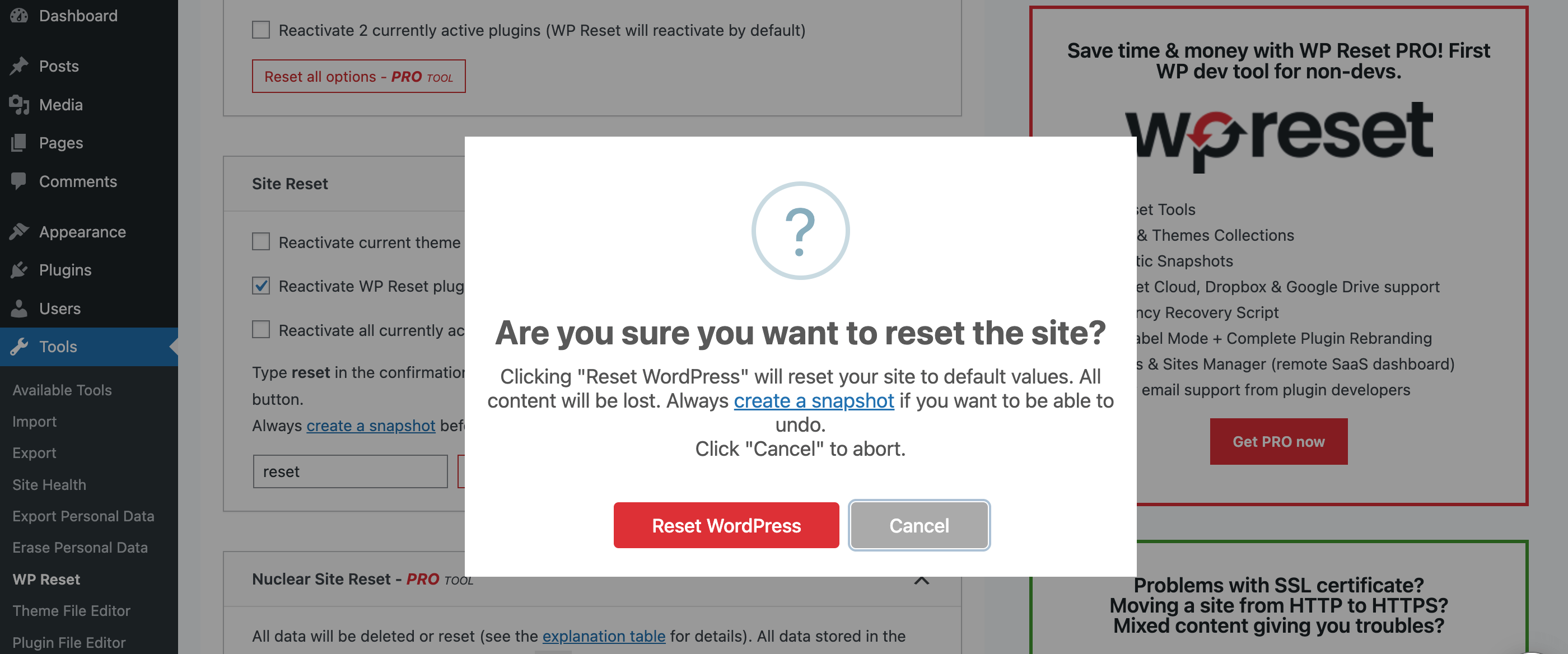 Questa immagine mostra l'opzione di ripristino di WordPress