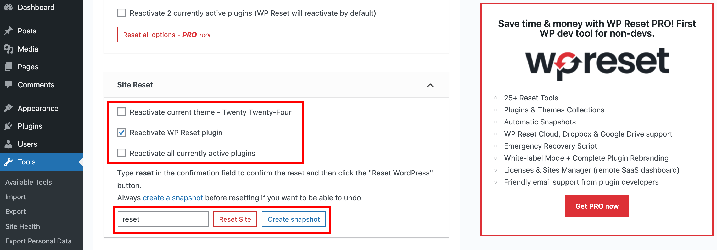 Questa immagine mostra come reimpostare un sito WordPress utilizzando il plugin WP Reset