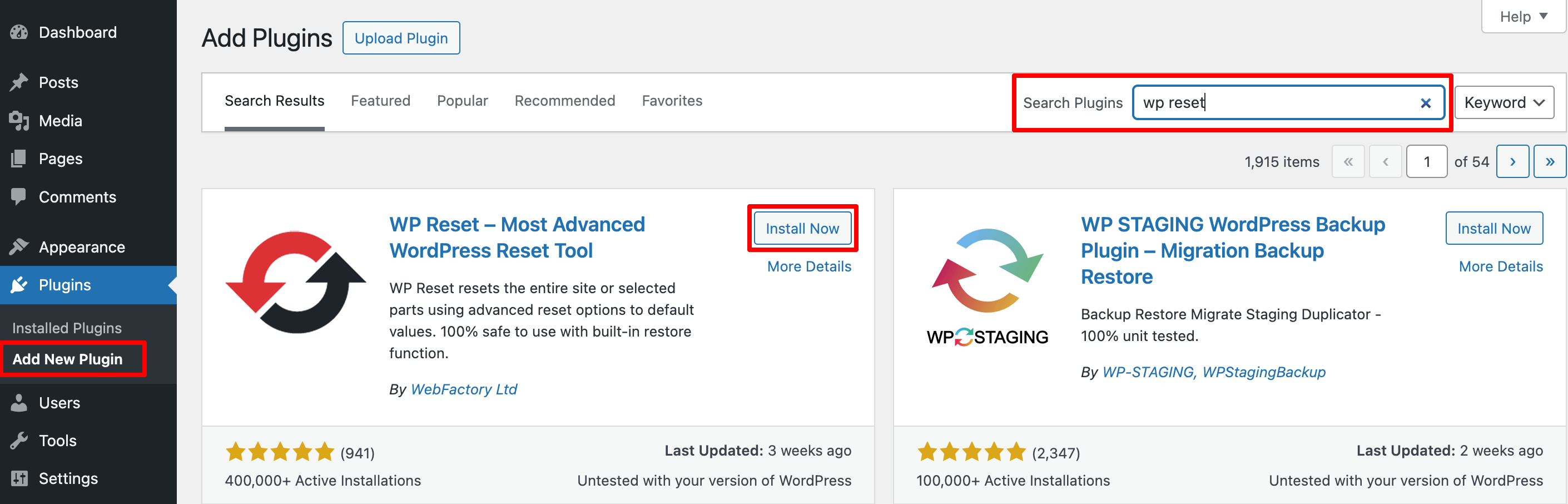 Questa immagine mostra come installare il plugin WP Reset dalla dashboard di WordPress.
