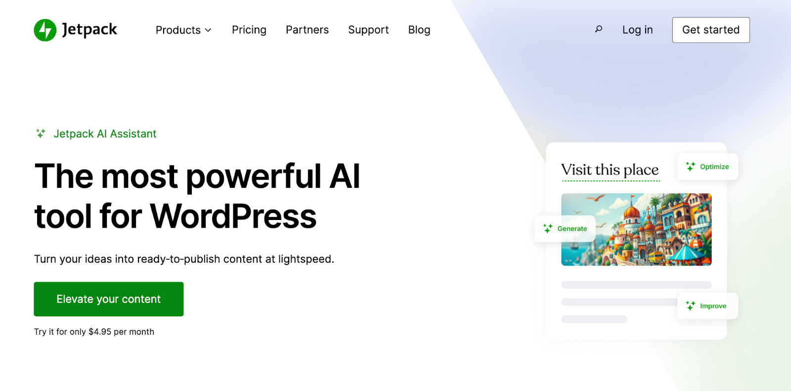 Home page di Jetpack AI Assistant con titolo, paragrafo, immagine e pulsante "Migliora i tuoi contenuti".