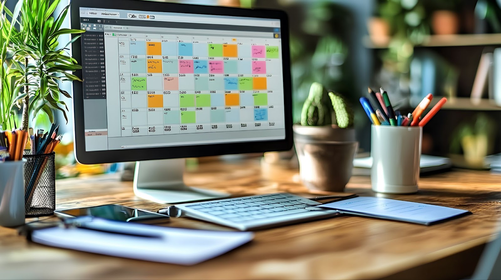 Calendario digitale sullo schermo di un computer in un ufficio con una luce naturale brillante e molte piante.