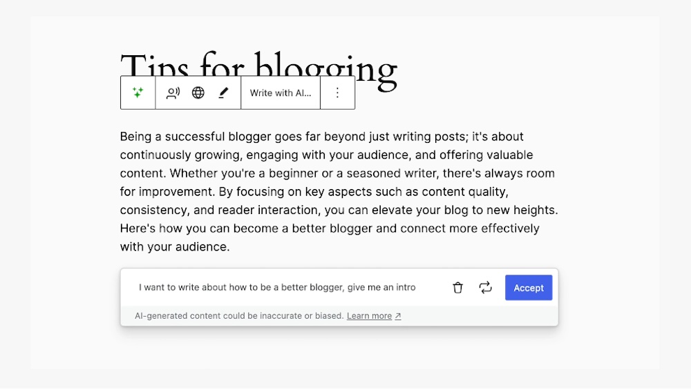 Jetpack AI Assistant, wie er im Gutenberg-Blockeditor in einem WordPress-Beitrag zu sehen ist.
