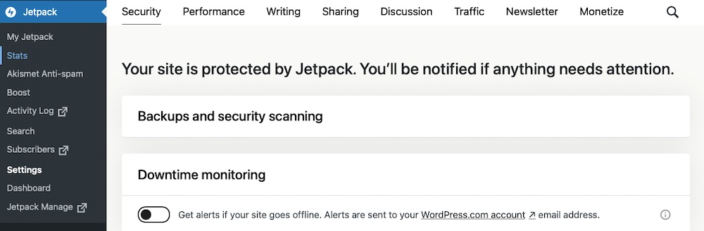 Jetpack Admin in einem WordPress-Dashboard mit Sicherheitseinstellungen im Abschnitt „Jetpack-Statistiken“.