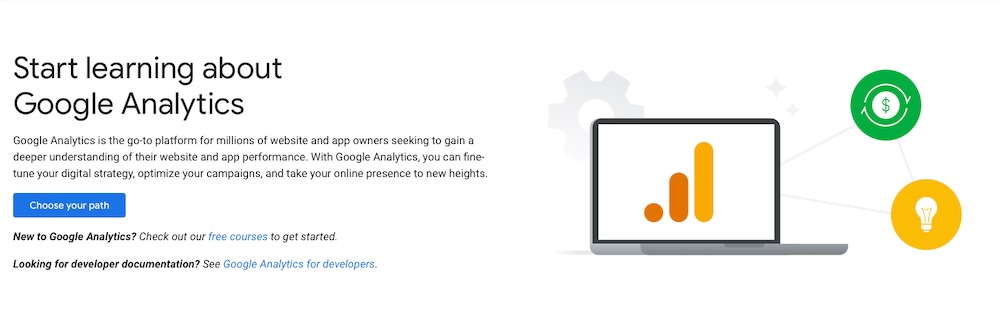 Wertversprechen und Handlungsaufforderung für die Google Analytics-Webseite mit Titel, Absatz, Schaltfläche „Wählen Sie Ihren Pfad“ und visueller Datengrafik.