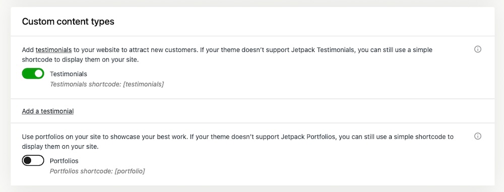 Jetpack-Einstellungen im WordPress-Dashboard mit Optionen für benutzerdefinierte Beitragstypen – Testimonials und Portfolios.