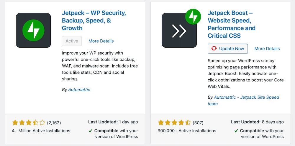 Plugin-Repository im WordPress-Dashboard mit bereits installierten Jetpack-Produkten.