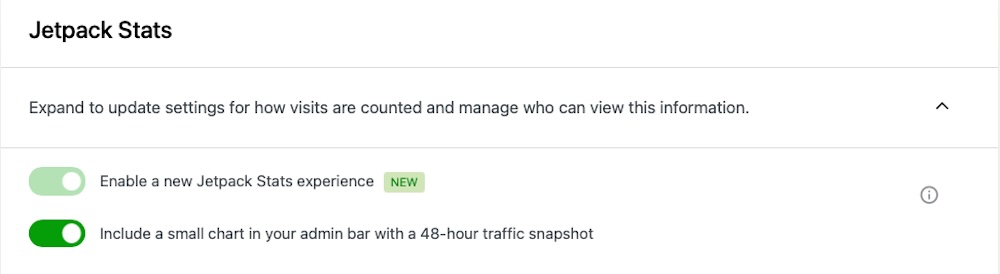 Jetpack Admin in einem WordPress-Dashboard mit Jetpack-Statistikoptionen, wobei beide Optionen aktiviert sind.