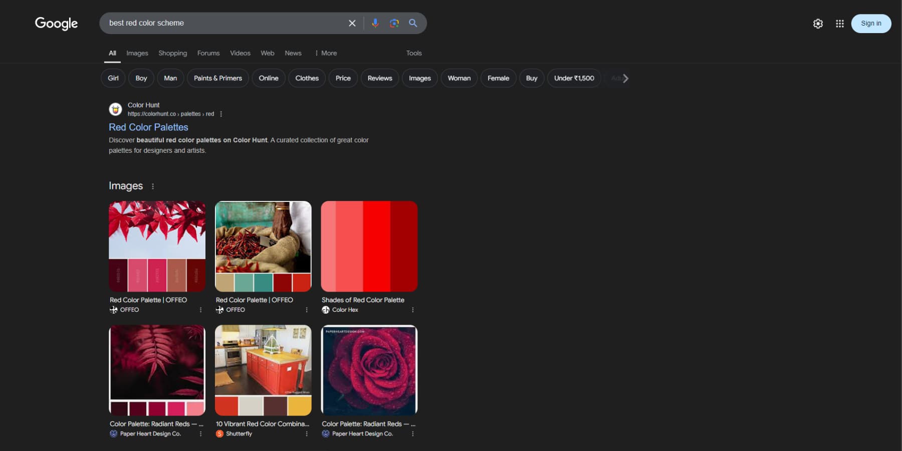 ภาพหน้าจอของผลการค้นหาของ Google สำหรับคำค้นหาโทนสี
