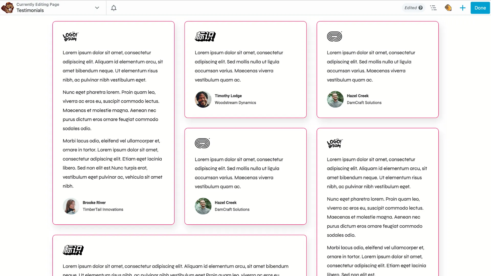 Exemplo de página de depoimentos do Beaver Builder