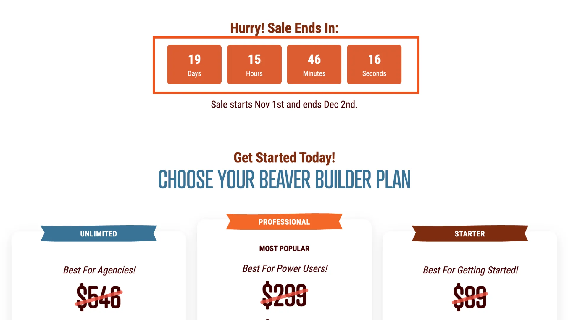 strony wyprzedaży świątecznych za pomocą licznika czasu Beaver Builder