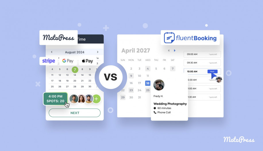 Obraz przedstawiający porównanie wtyczki Fluent Booking i wtyczki Appointment Booking dla WordPress.