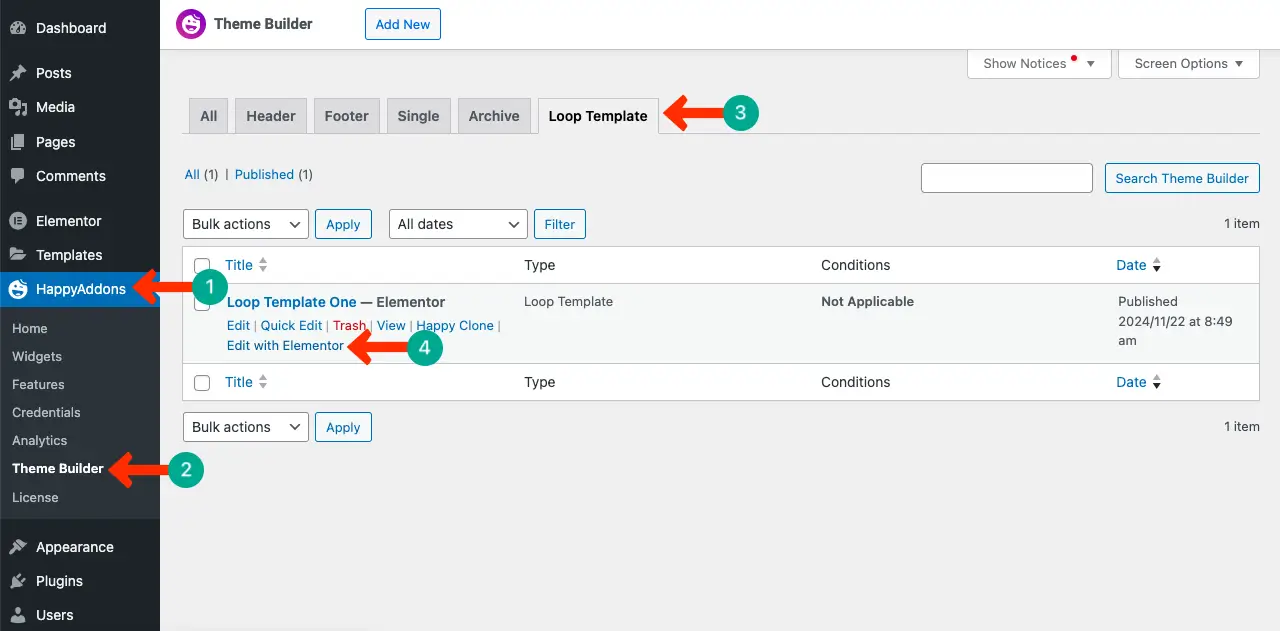 Как использовать виджет Elementor Loop Grid в WordPress с HappyAddons 29 Go to the Template Section on the Backend