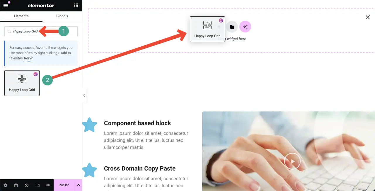 Как использовать виджет Elementor Loop Grid в WordPress с HappyAddons 1 Drag-and-Drop the Loop Grid Widget to Your Page