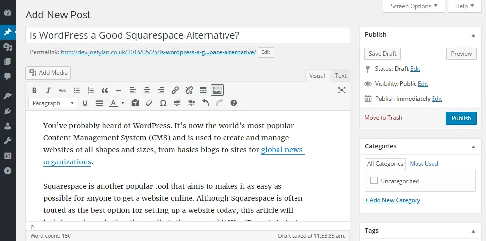Editor de publicaciones de WordPress de WordPress vs Squarespace