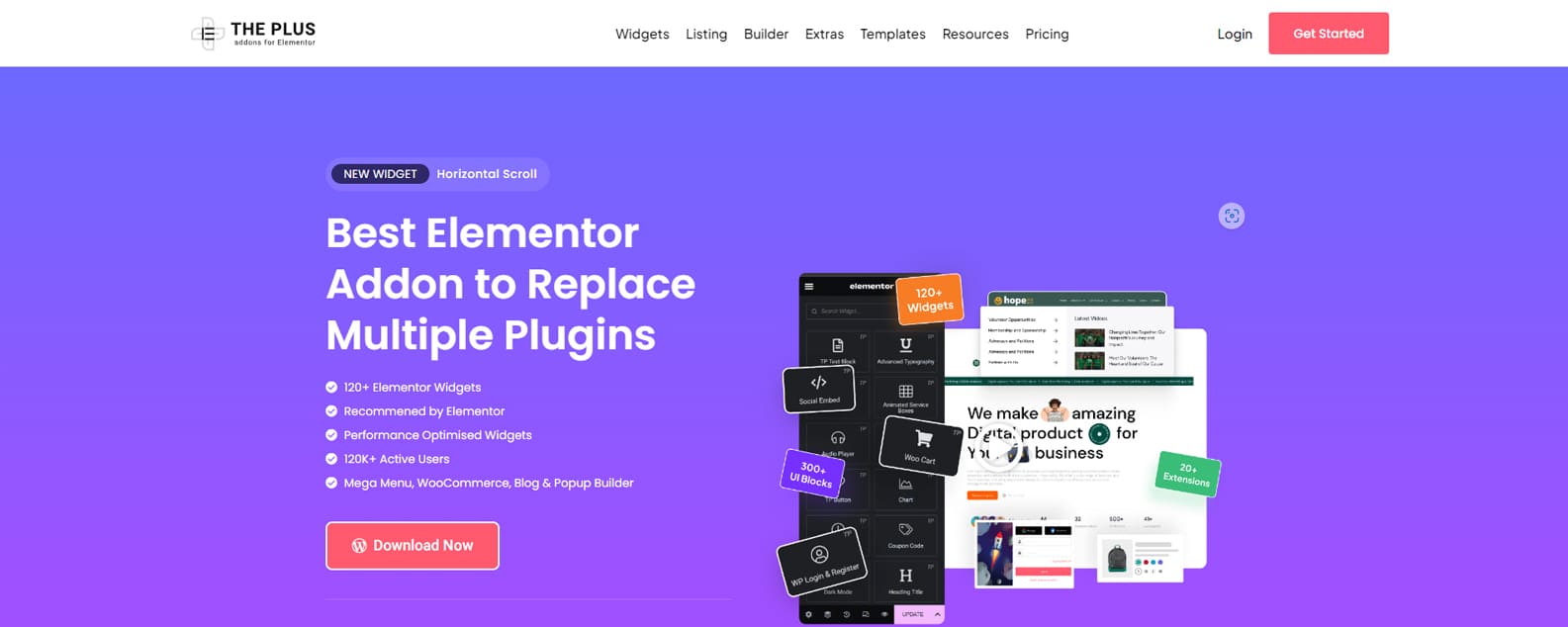 Représentation de The Plus Addons pour Elementor, une solution de premier ordre pour le principal constructeur de pages WordPress avec 10 paramètres configurables.