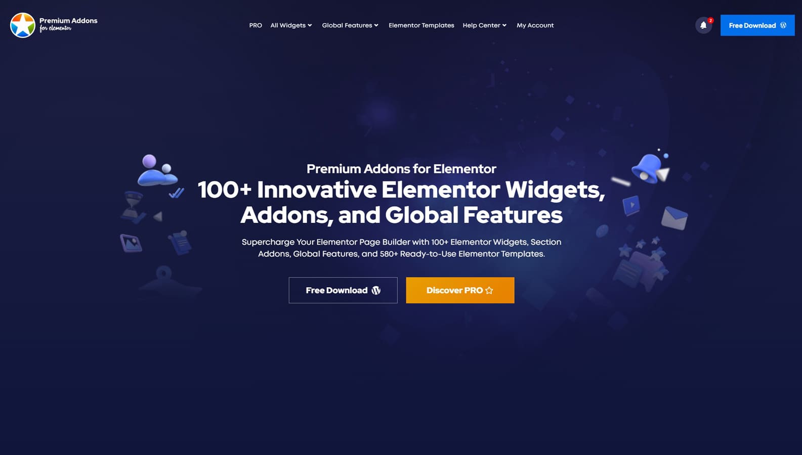 Visuel de Premium Addons for Elementor, un plugin conçu pour améliorer la fonctionnalité du générateur Elementor avec plus de 550 modèles.
